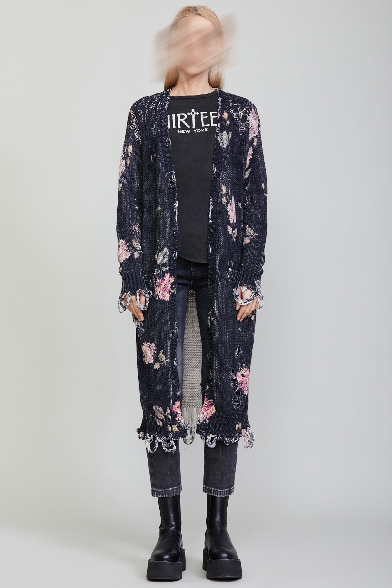 R13 DISTRESSED LONG CARDIGAN FLORAL ON BLACK REVERSIBLE