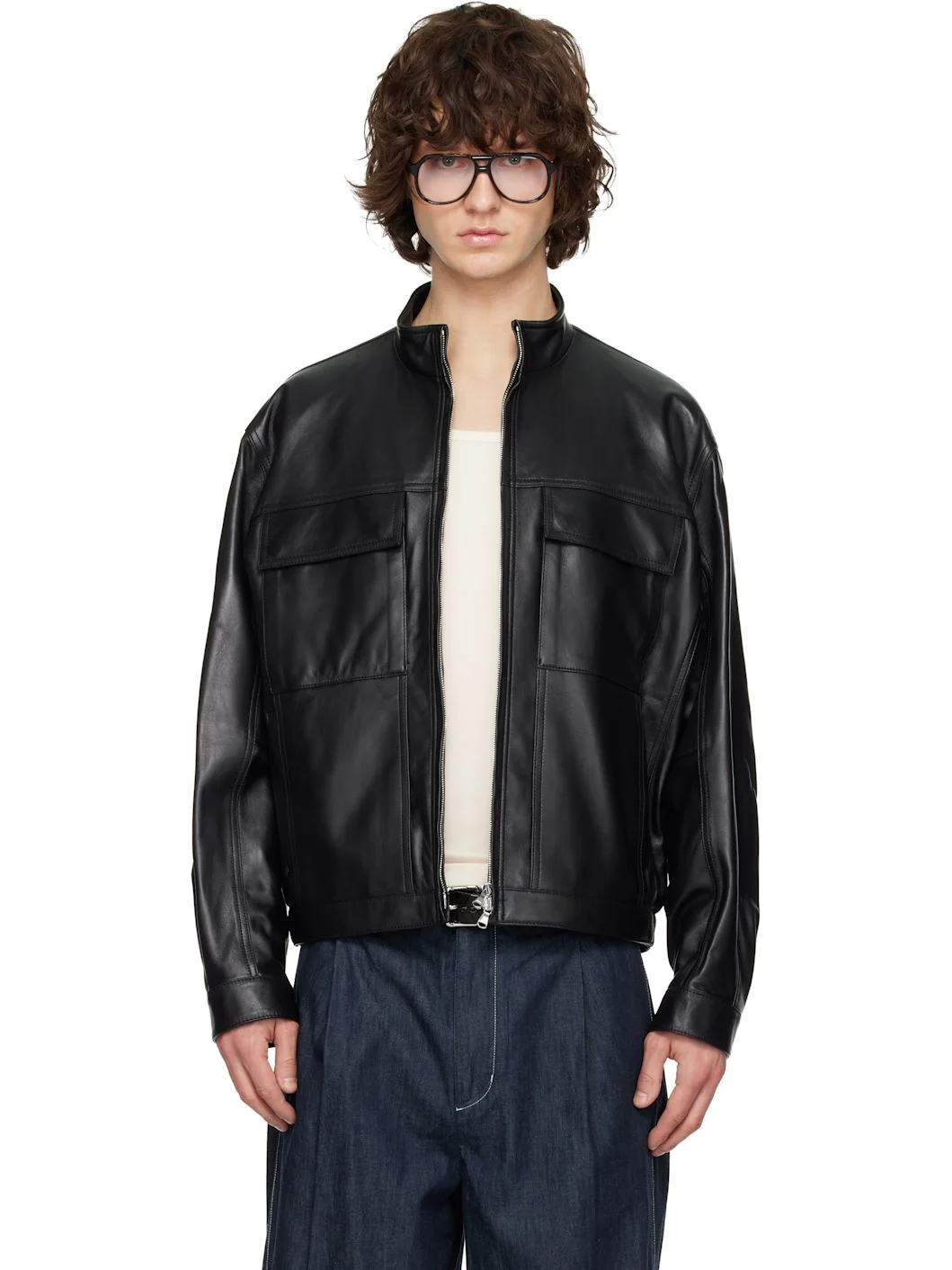 Black High-Neck Two-Pocket Leather Jacket - 1
