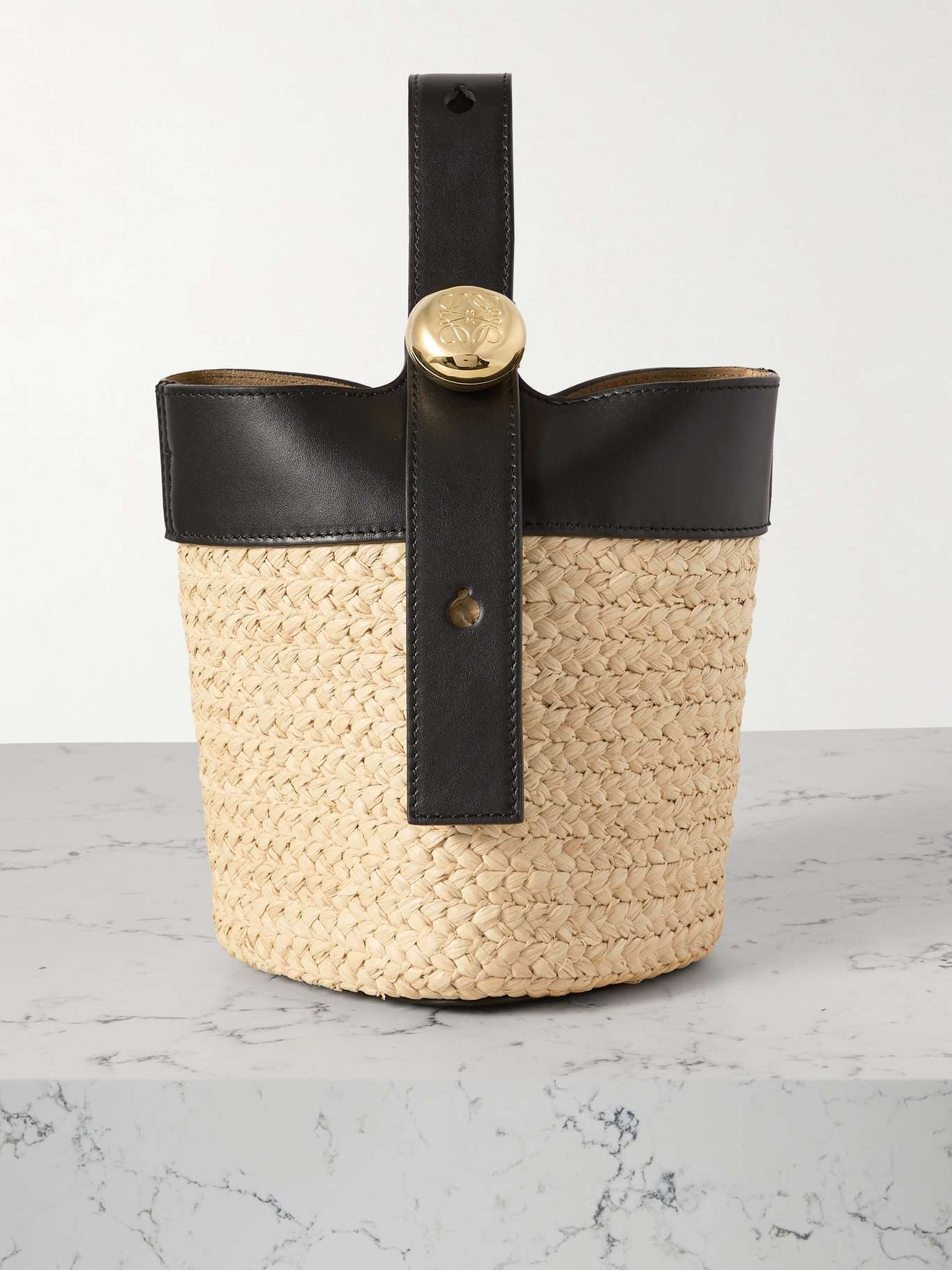 Pebble mini leather-trimmed raffia tote - 1