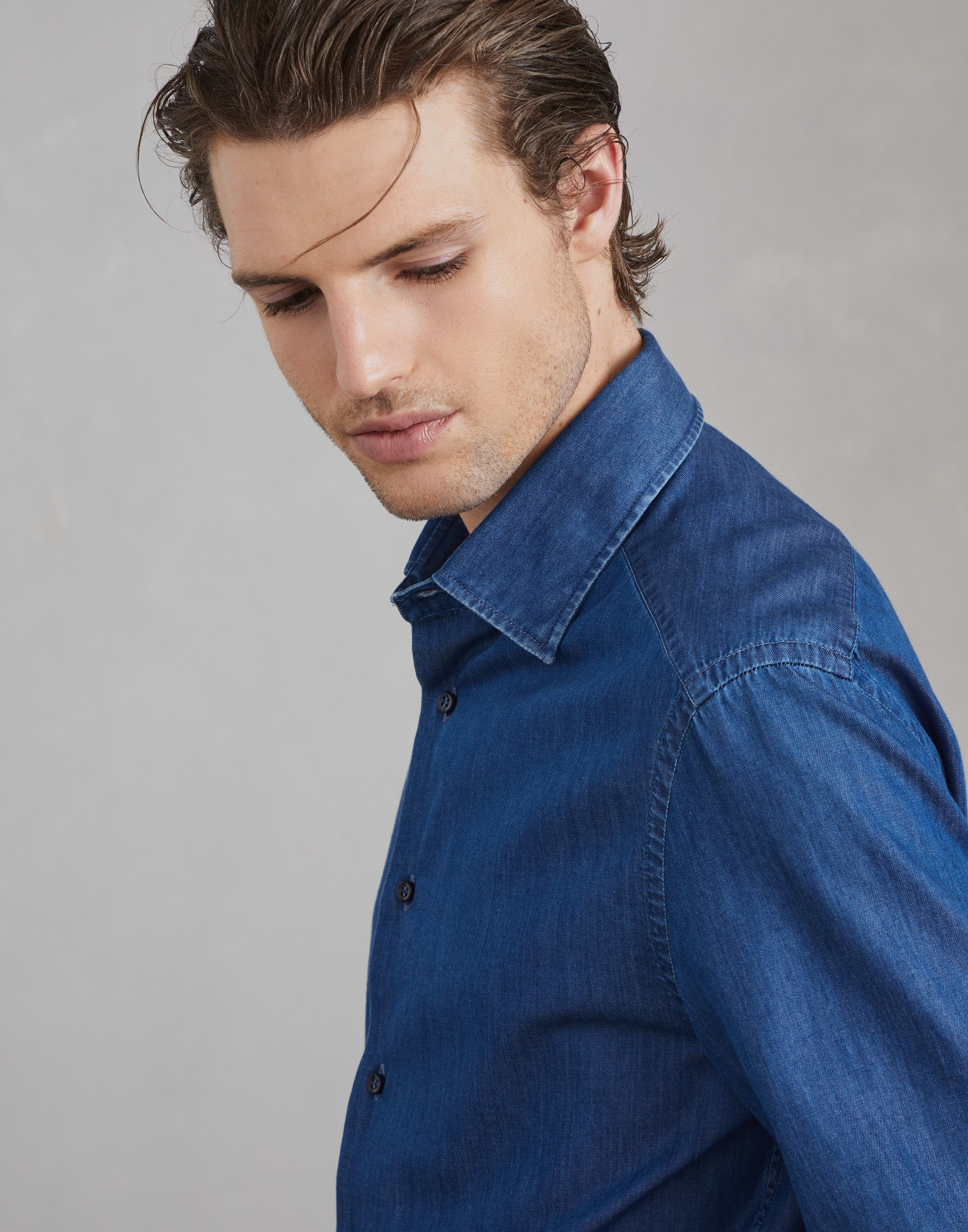 Lightweight denim slim fit tuxedo shirt with spread collar - 3