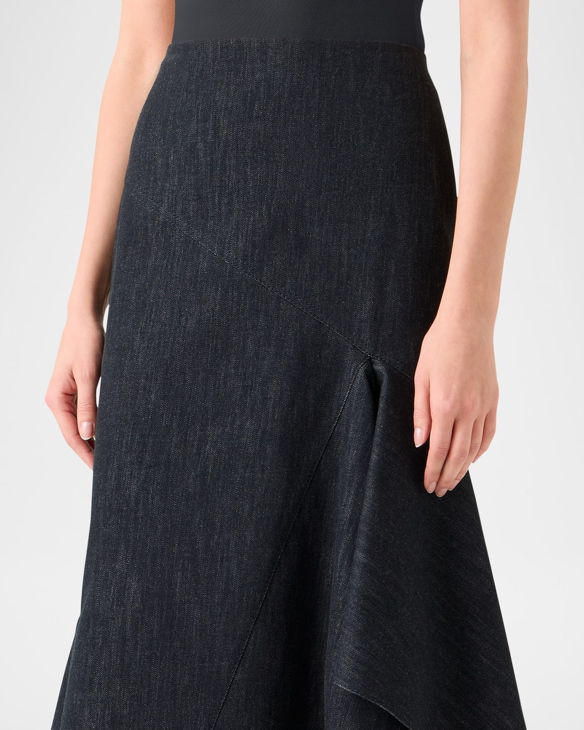 Asymmetric Flared-Hem Stretch Denim Midi Skirt - 5