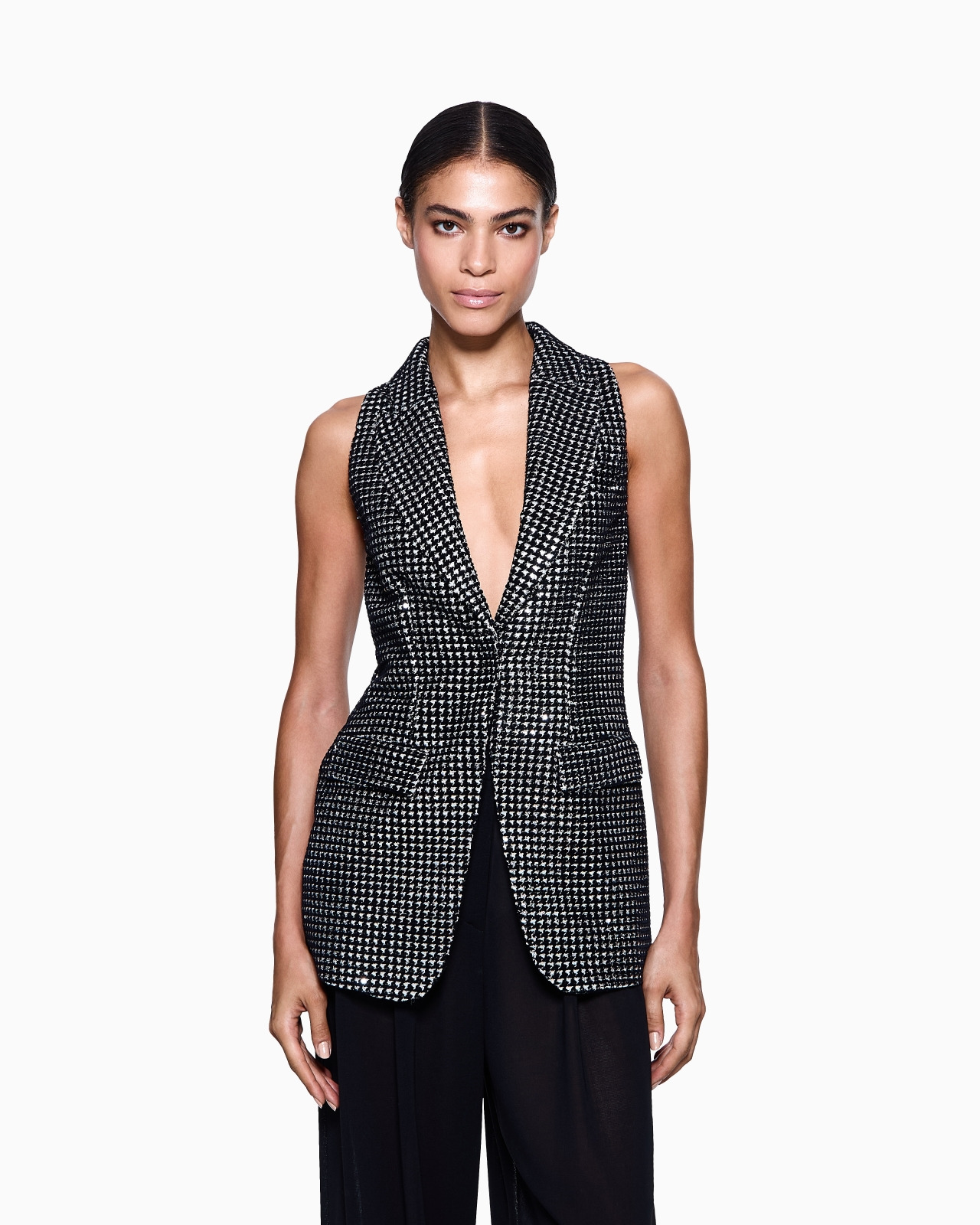 LONG JERSEY WAISTCOAT WITH A FLOCKED PRINT AND SEQUINS - 4