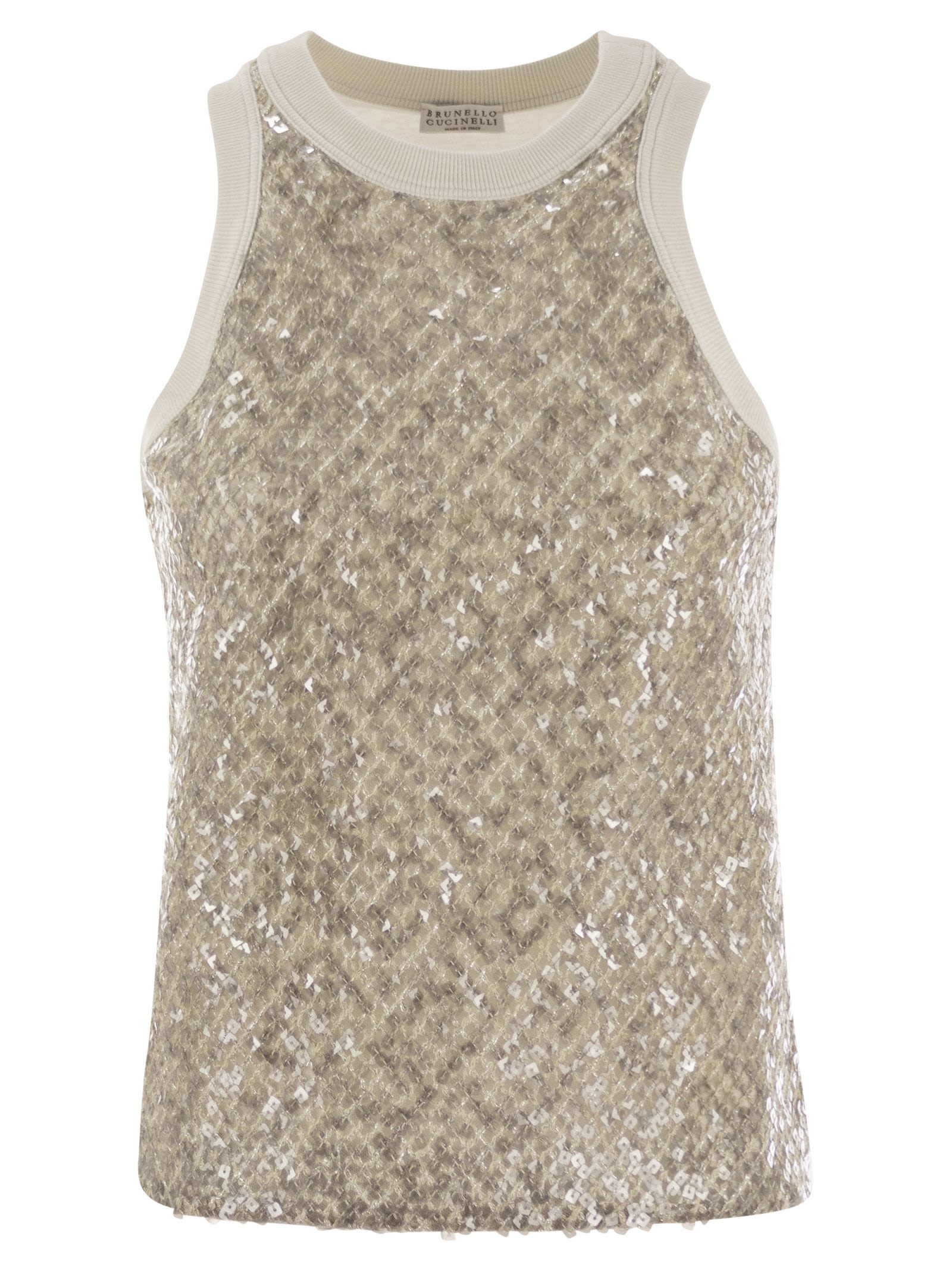 Brunello Cucinelli Women Stretch Cotton Jersey Top With Dazzling Net Embroidery - 1