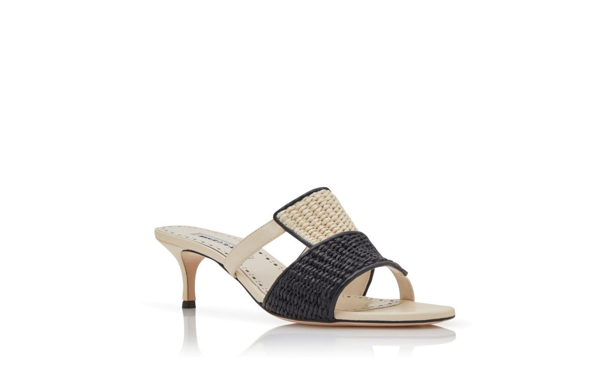 Cream and Black Raffia Open Toe Mules - 3