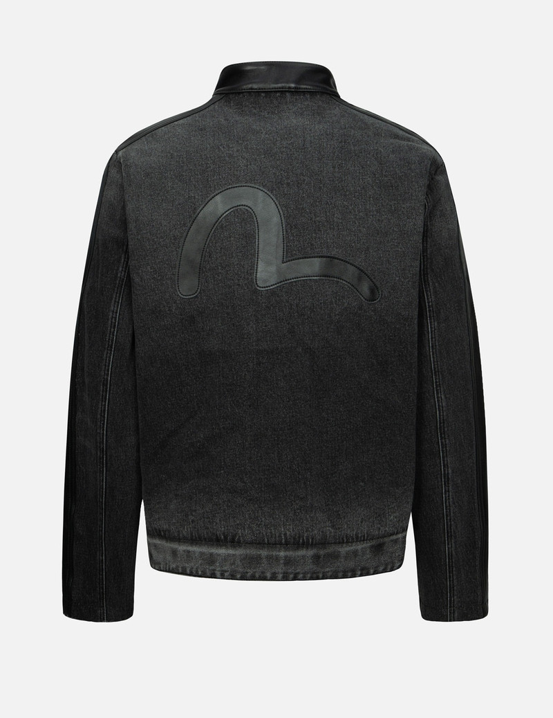 EVISU LEATHER LOGO AND SEAGULL APPLIQUÉ REGULAR FIT DENIM MOTO JACKET outlook