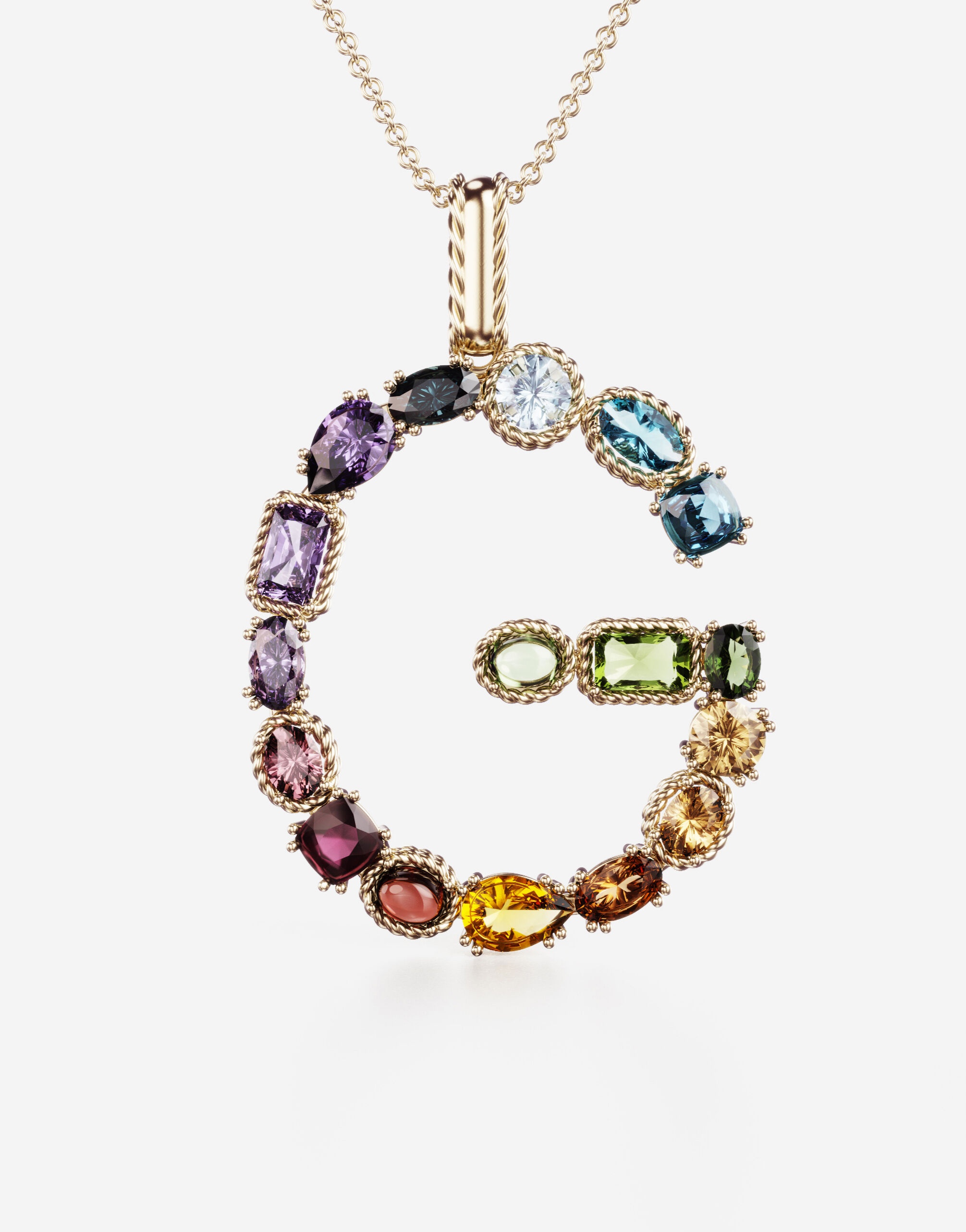 Rainbow alphabet G pendant in yellow gold with multicolor fine gems - 3