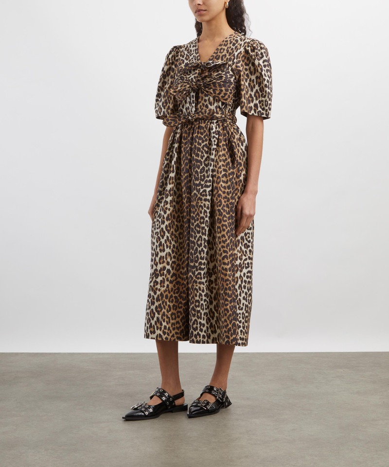 GANNI Leopard Printed Cotton Tie-Strap Midi Dress outlook