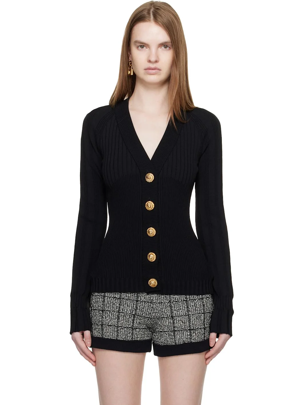 Black Buttoned V-Neck Light Knit Cardigan - 1