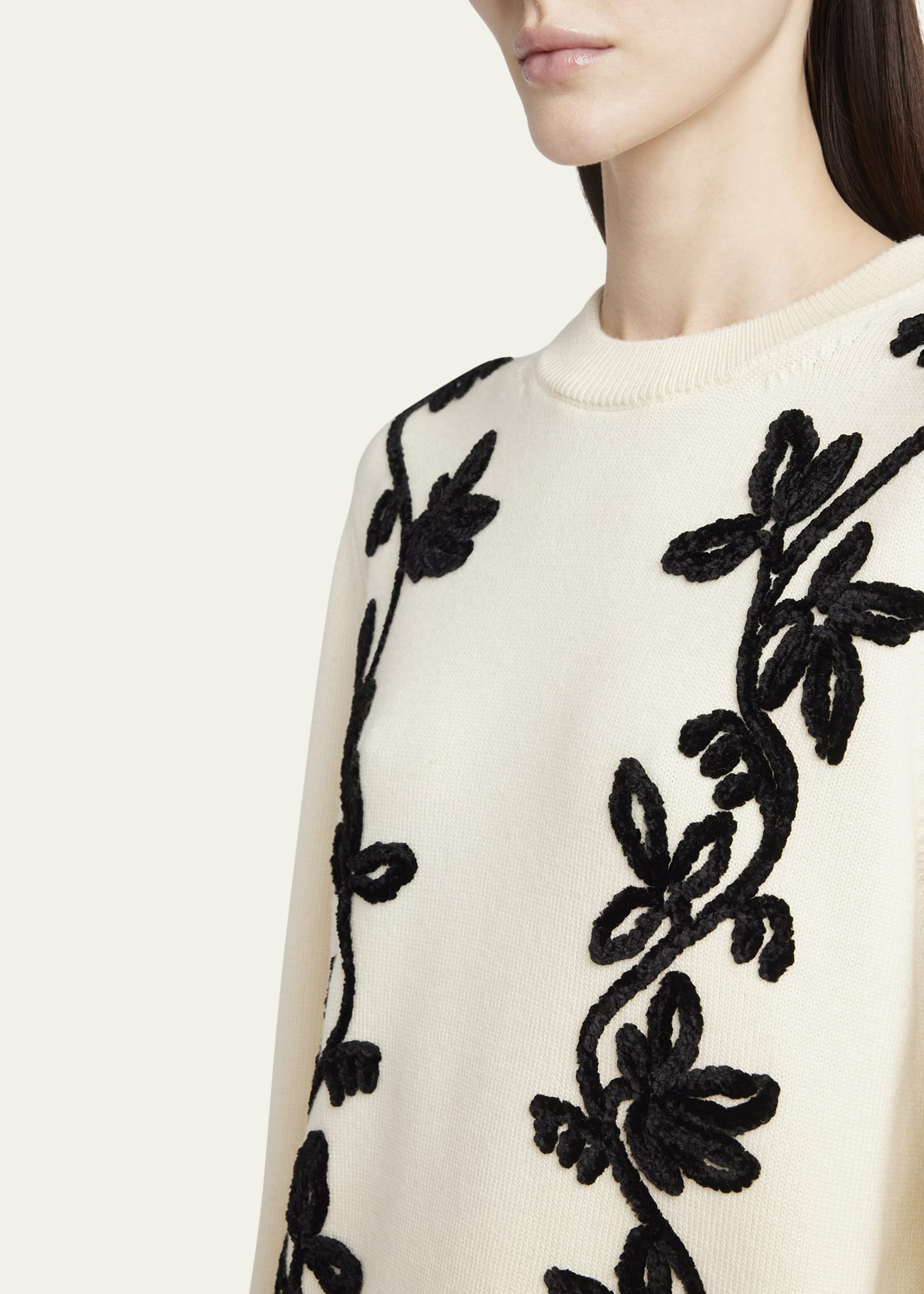 Velvet Floral Embroidered Merino Crewneck Sweater - 5