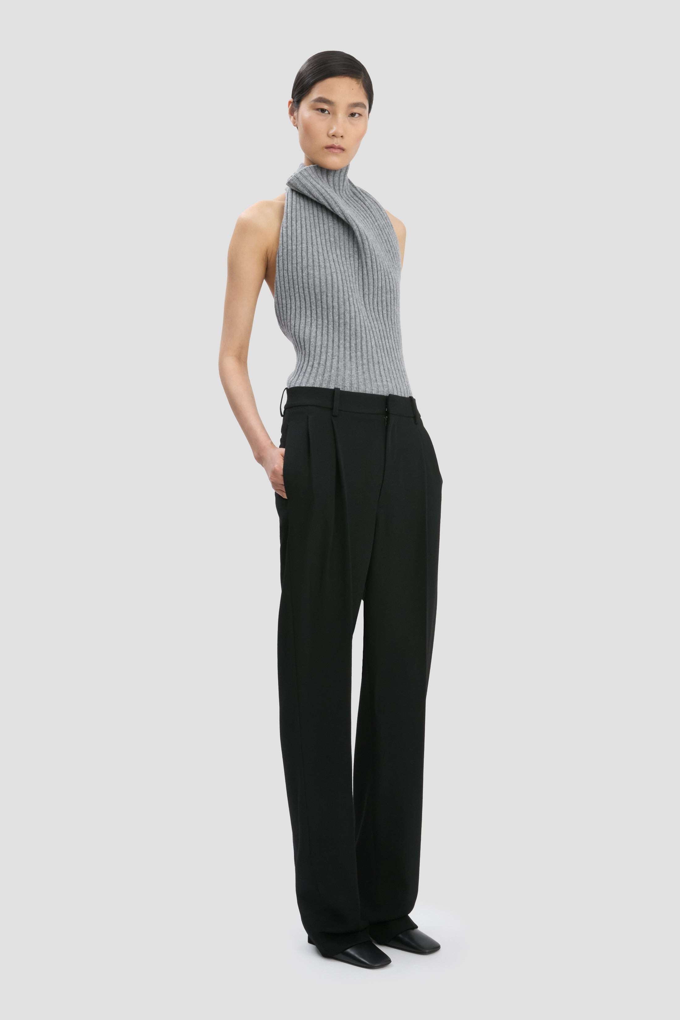 Draped Sleeveless Rib Top In Grey Melange - 3