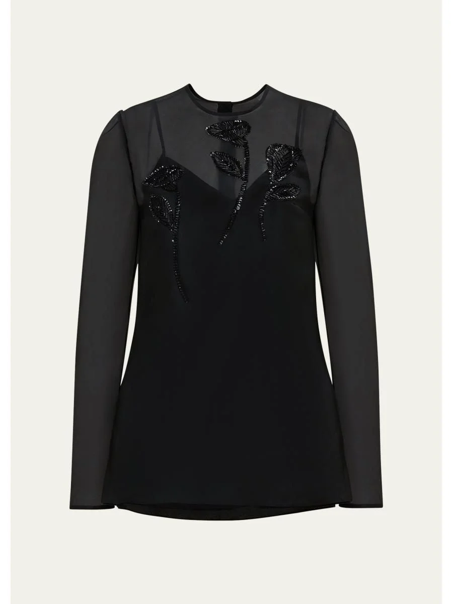 Embellished Semi-Sheer Long Sleeve Top - 1