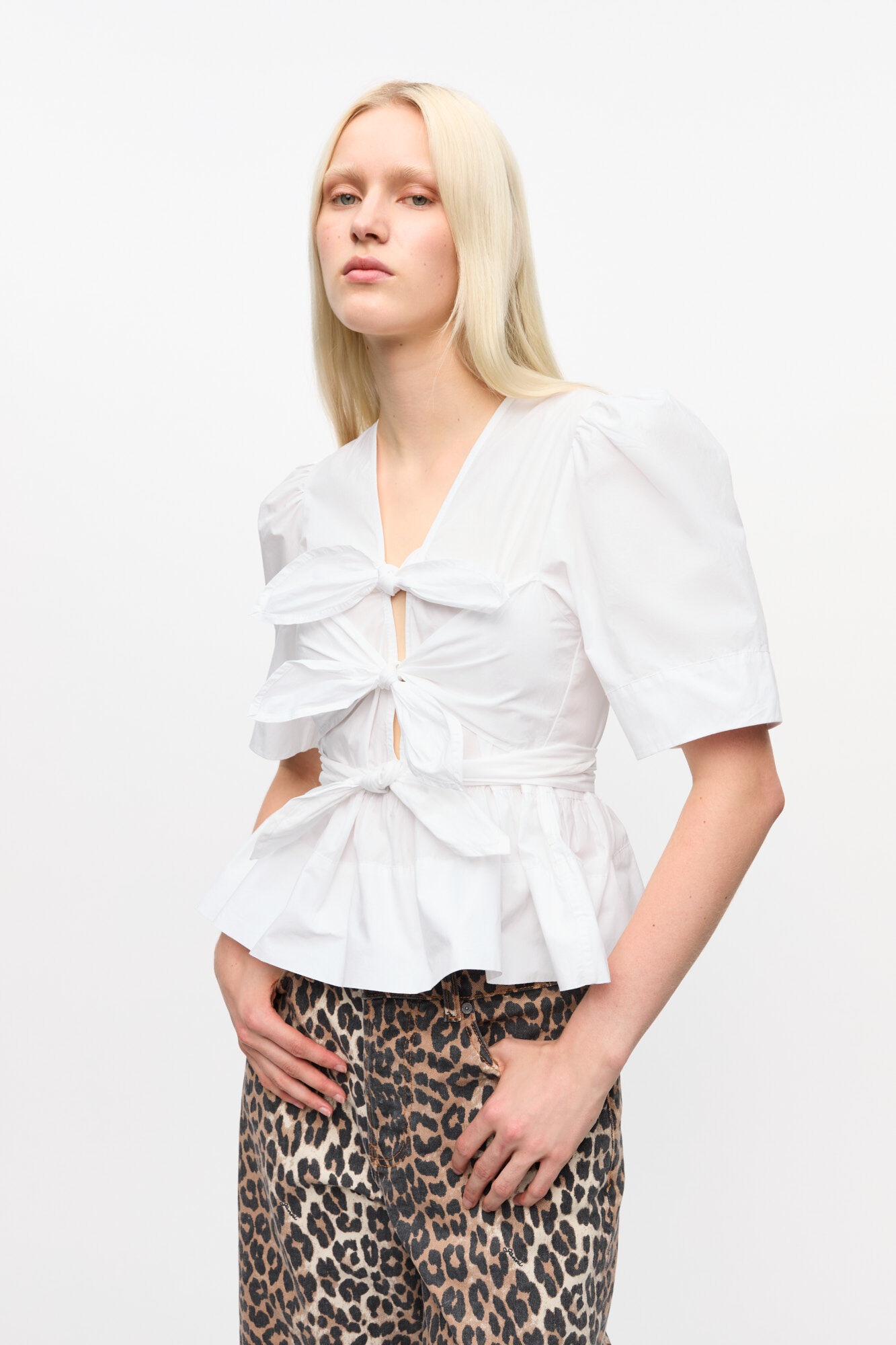 WHITE WASHED STRETCH COTTON TIE STRAP BLOUSE - 6