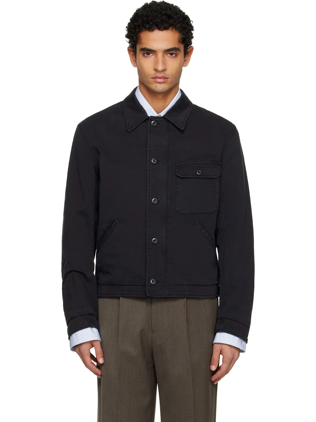 Black Garment-Dyed Cotton Deck Denim Jacket - 1