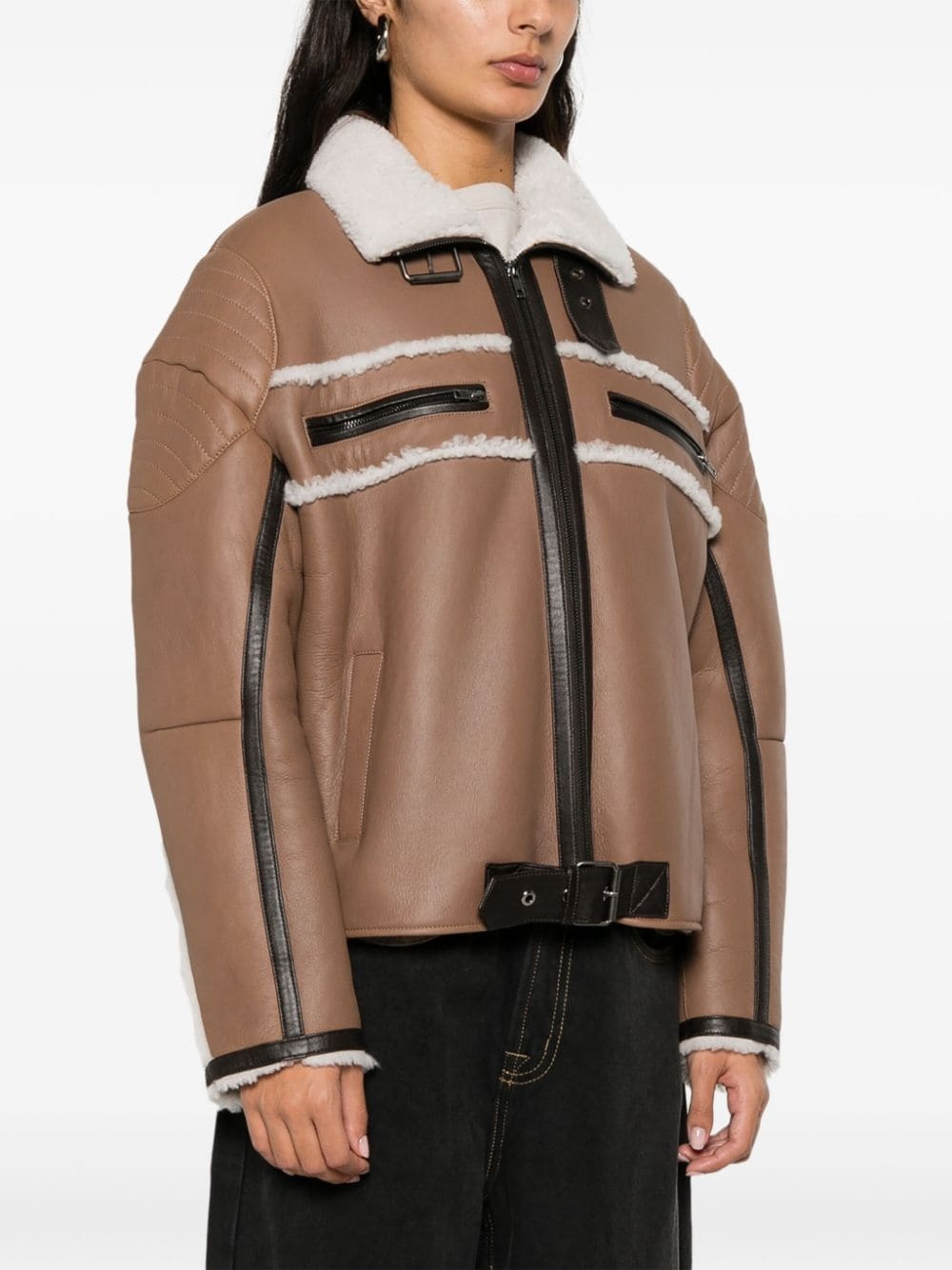 shearling-detail leather jacket - 3