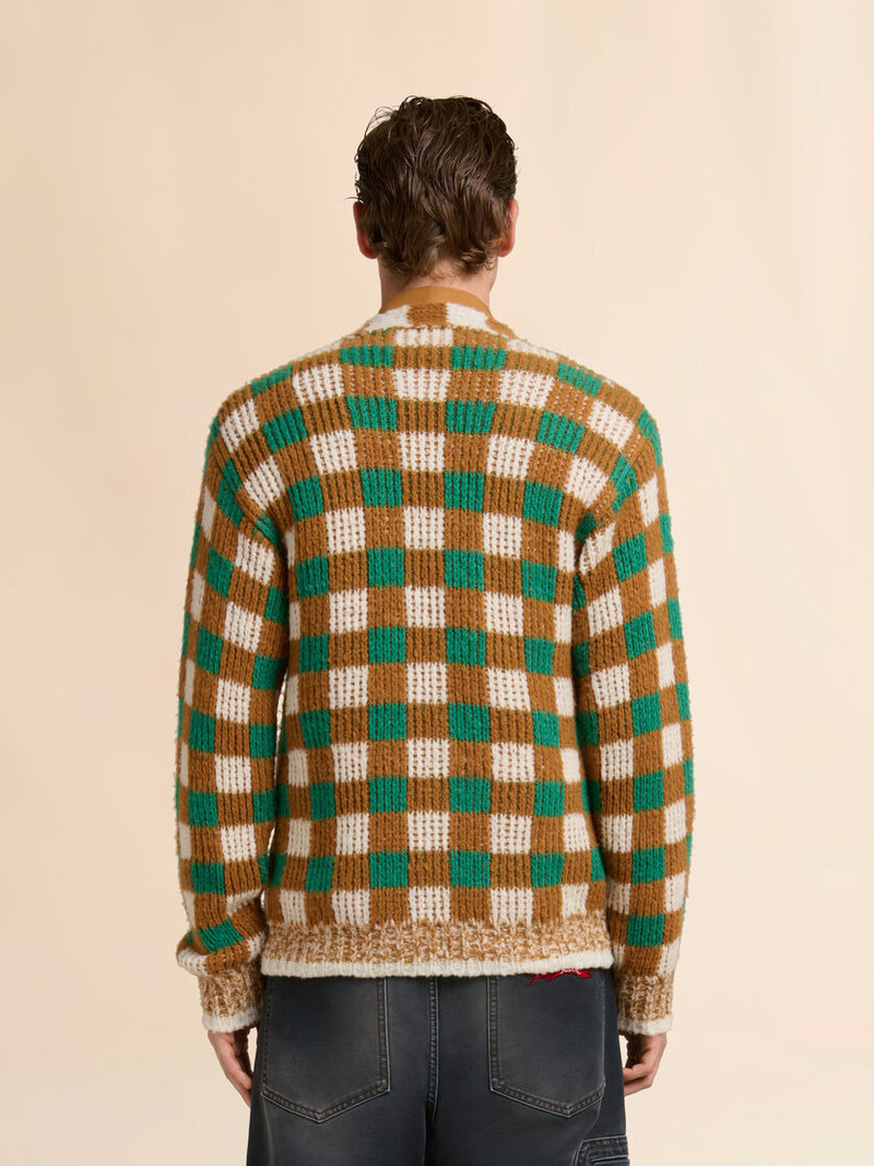 GREEN WOOL AND MOHAIR CARDIGAN WITH CHECKERBOARD MOTIF 3