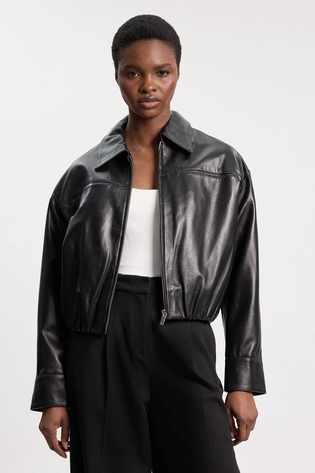 Leather Collared Bomber Jacket - 1