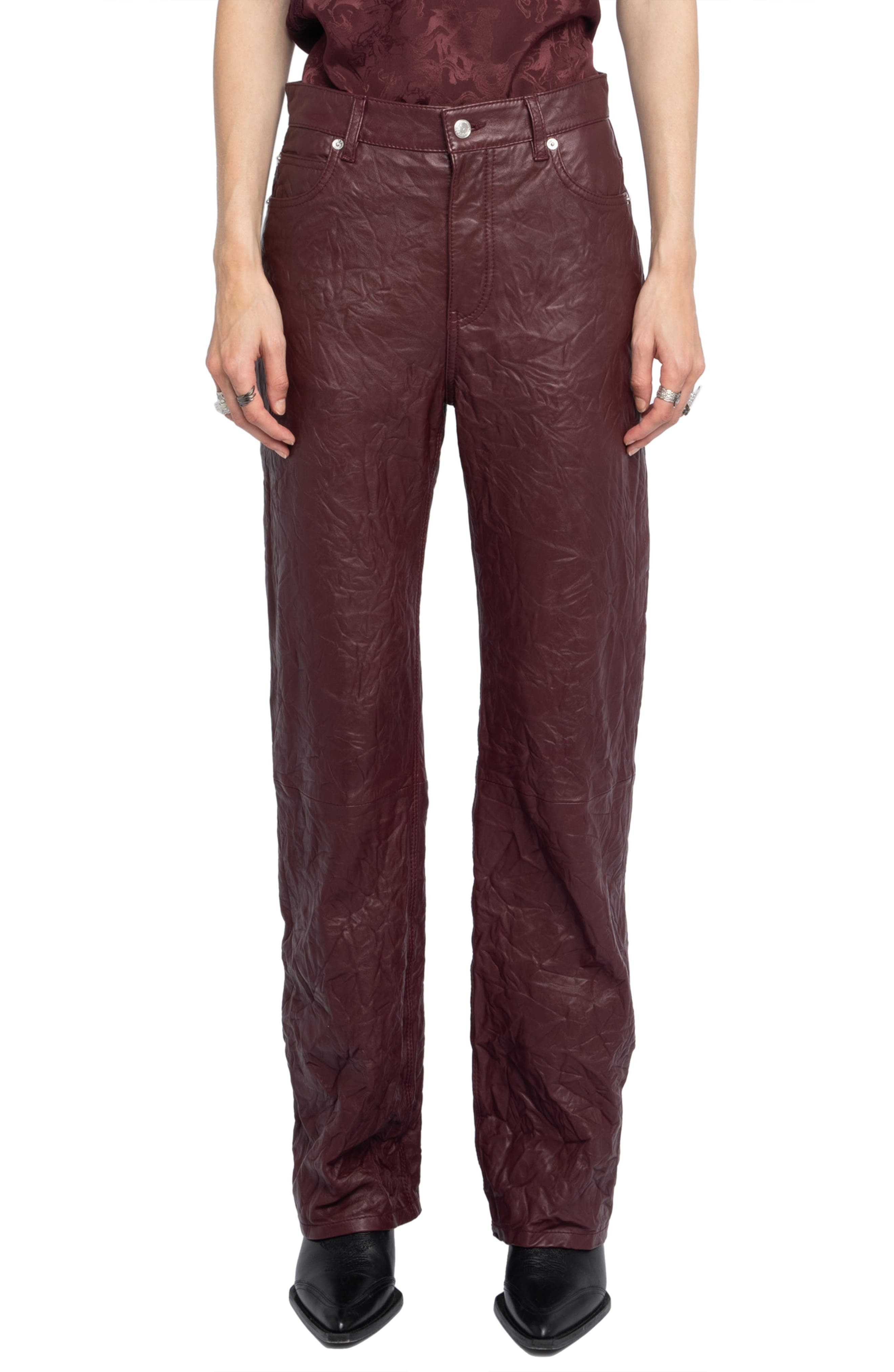 Zadig & Voltaire Evy Crushed Lambskin Leather Pants in Burgundy at Nordstrom - 1