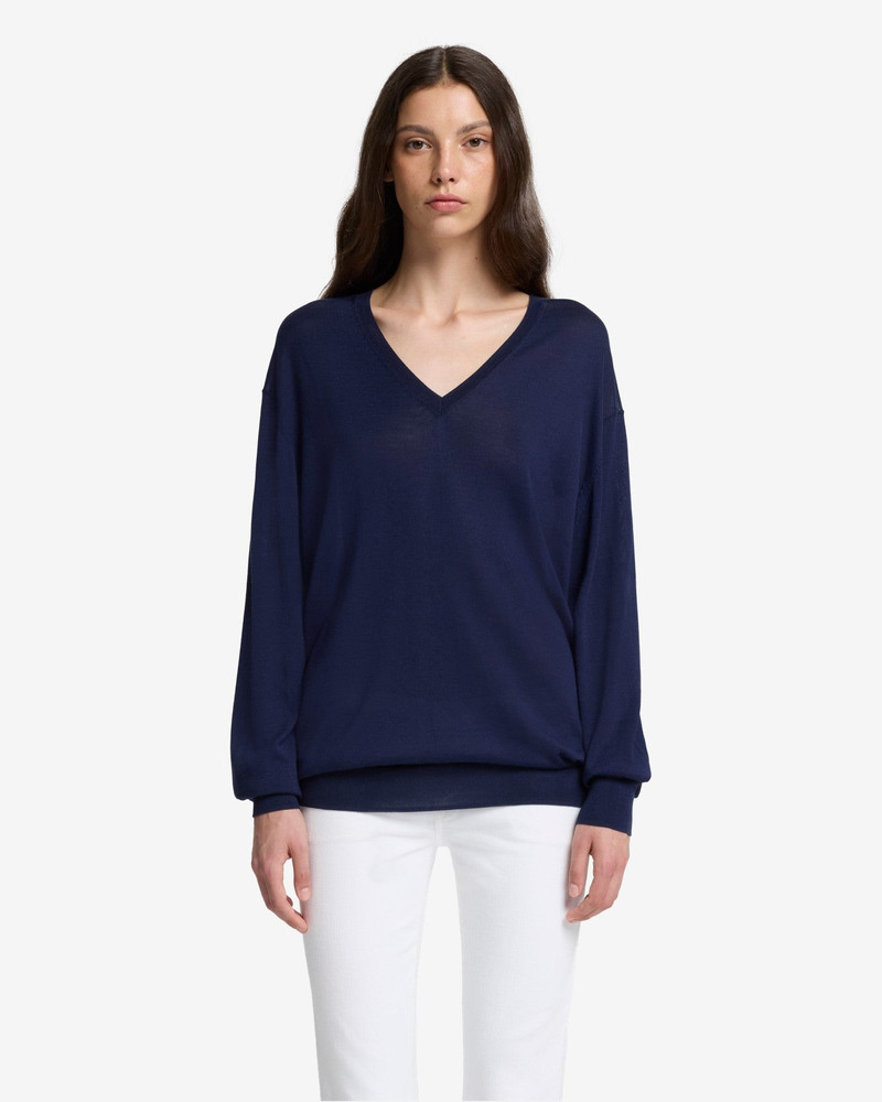 7 For All Mankind Silk Blend V-Neck Pullover in Navy outlook
