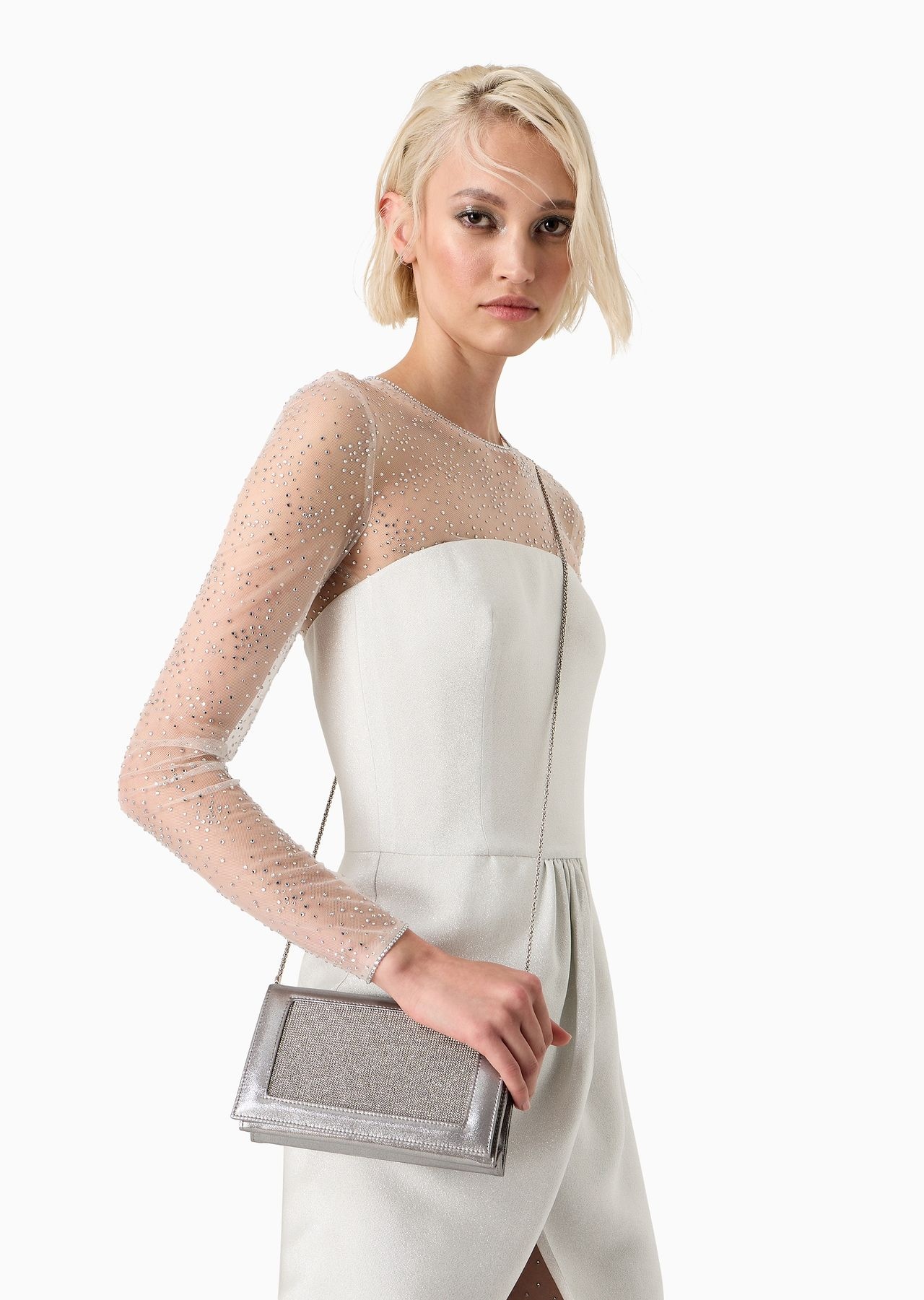 Rhinestoned silk clutch bag with rhinestoned shoulder strap - 6