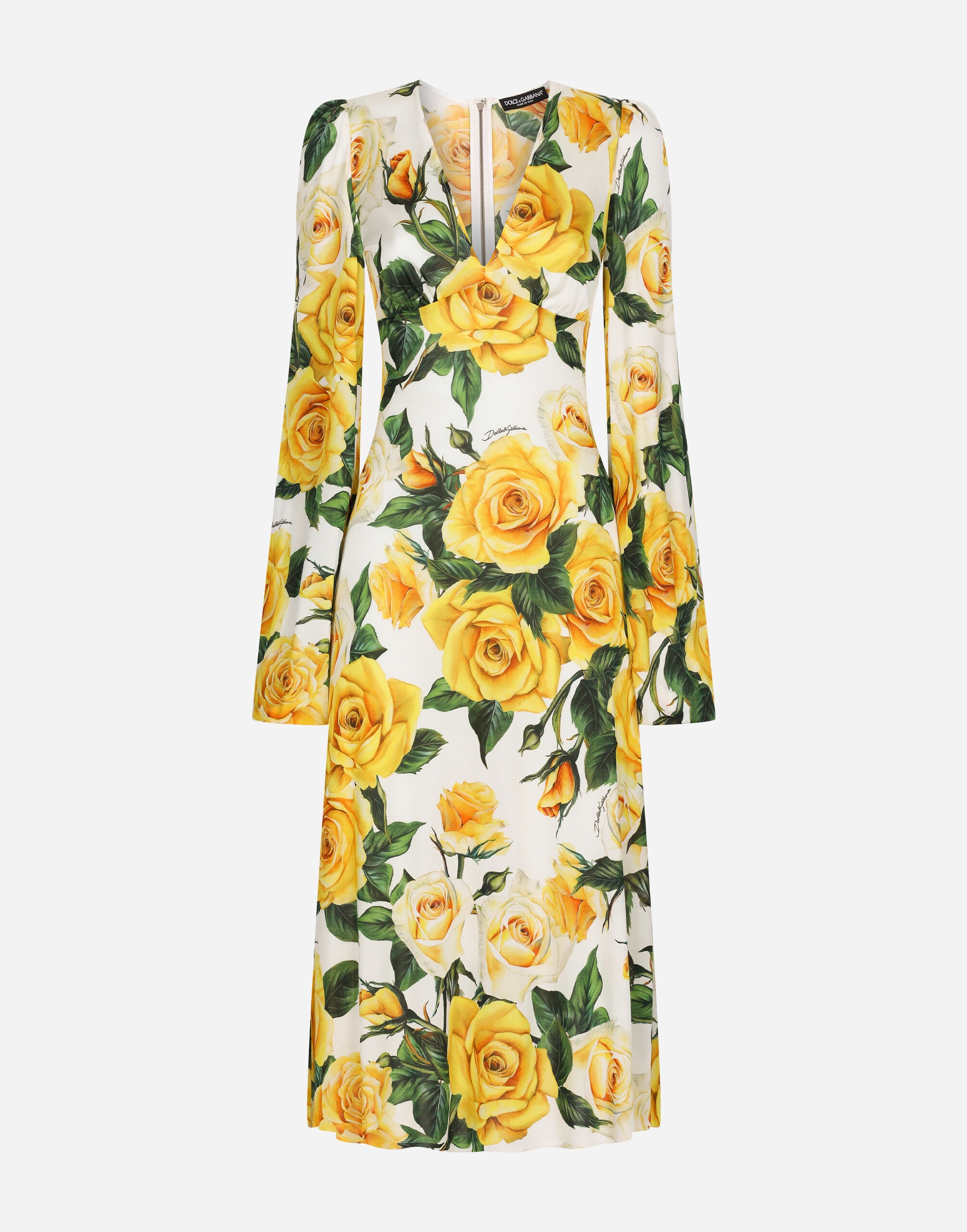 Organzine V-neck dress with yellow rose print - 1