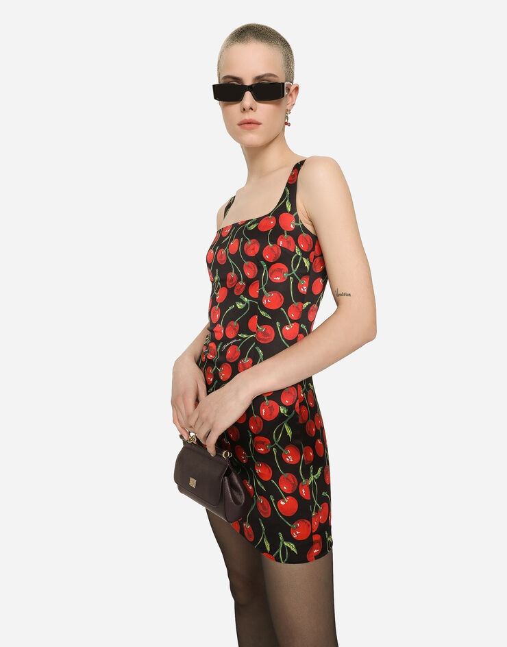 Short cherry-print satin dress - 4