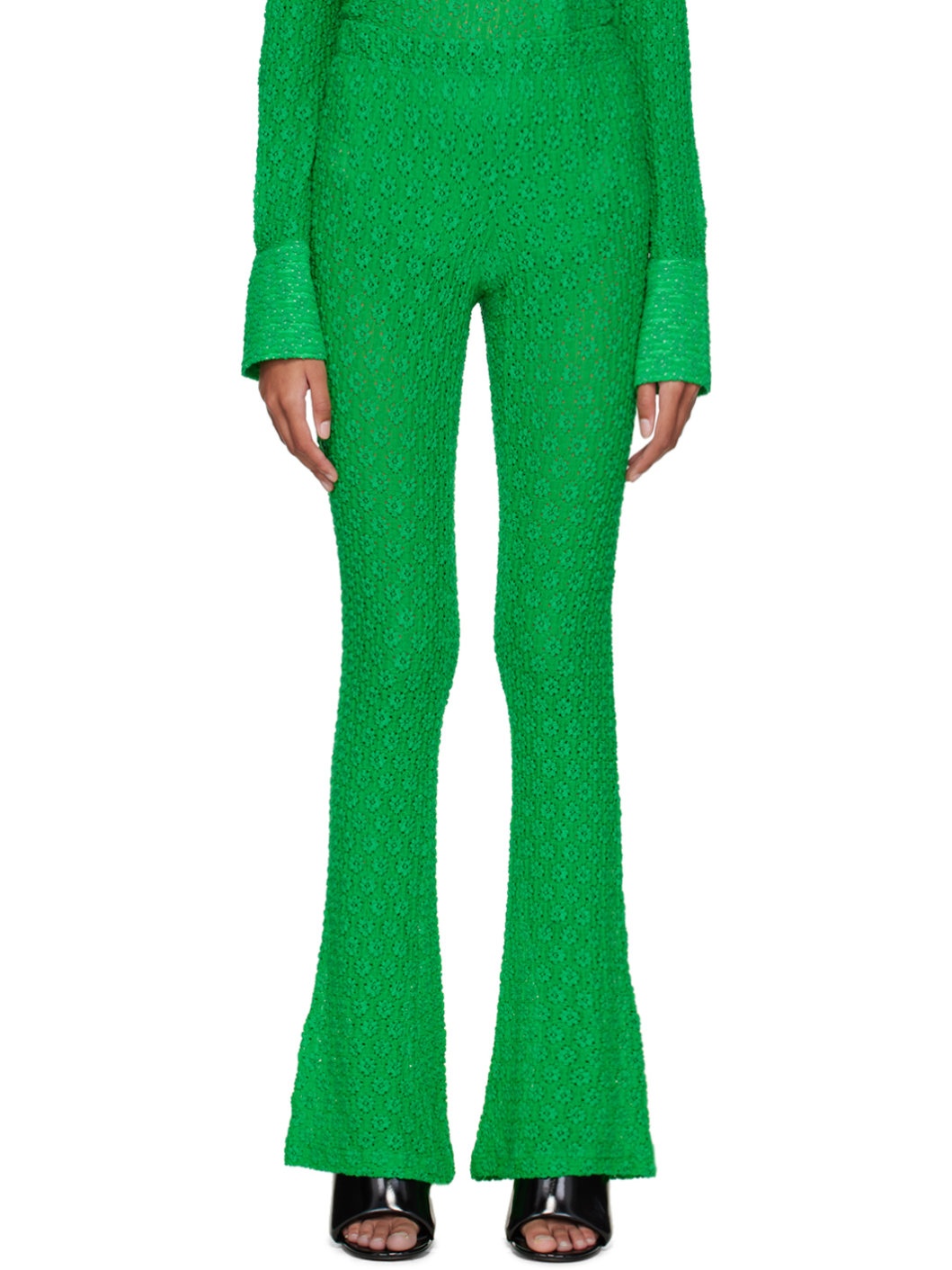 Green Slim Flared Trousers - 1