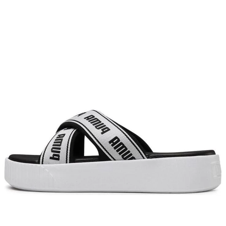 (WMNS) PUMA Platform Slide Tape Slippers For Black/White 380677-01 - 1