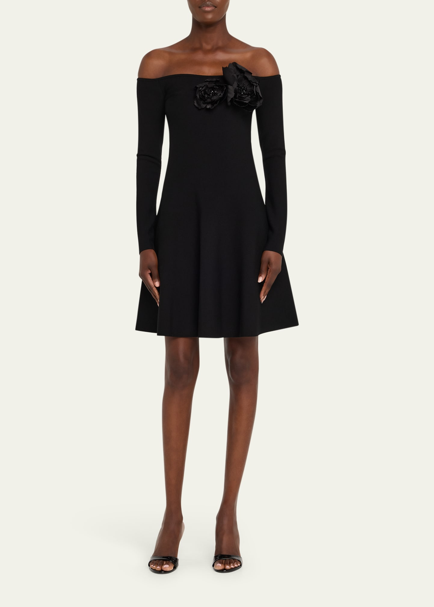 Off-The-Shoulder Flower Applique Long-Sleeve Knit Mini Dress - 2