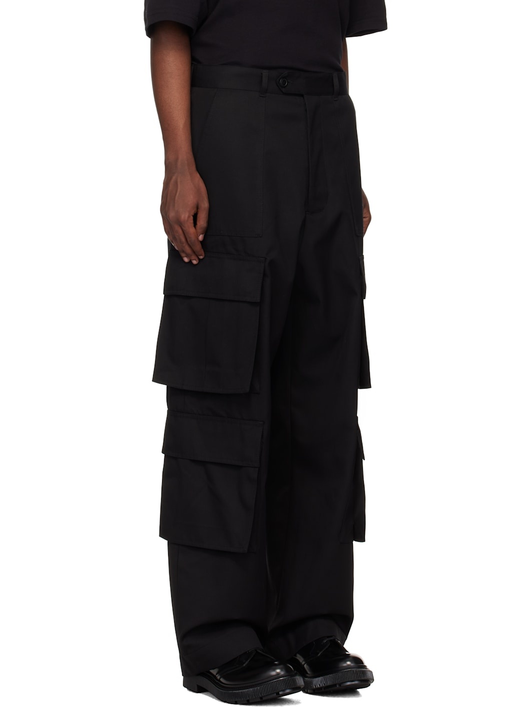 Black Twill Wide Leg Cargo Pants - 2