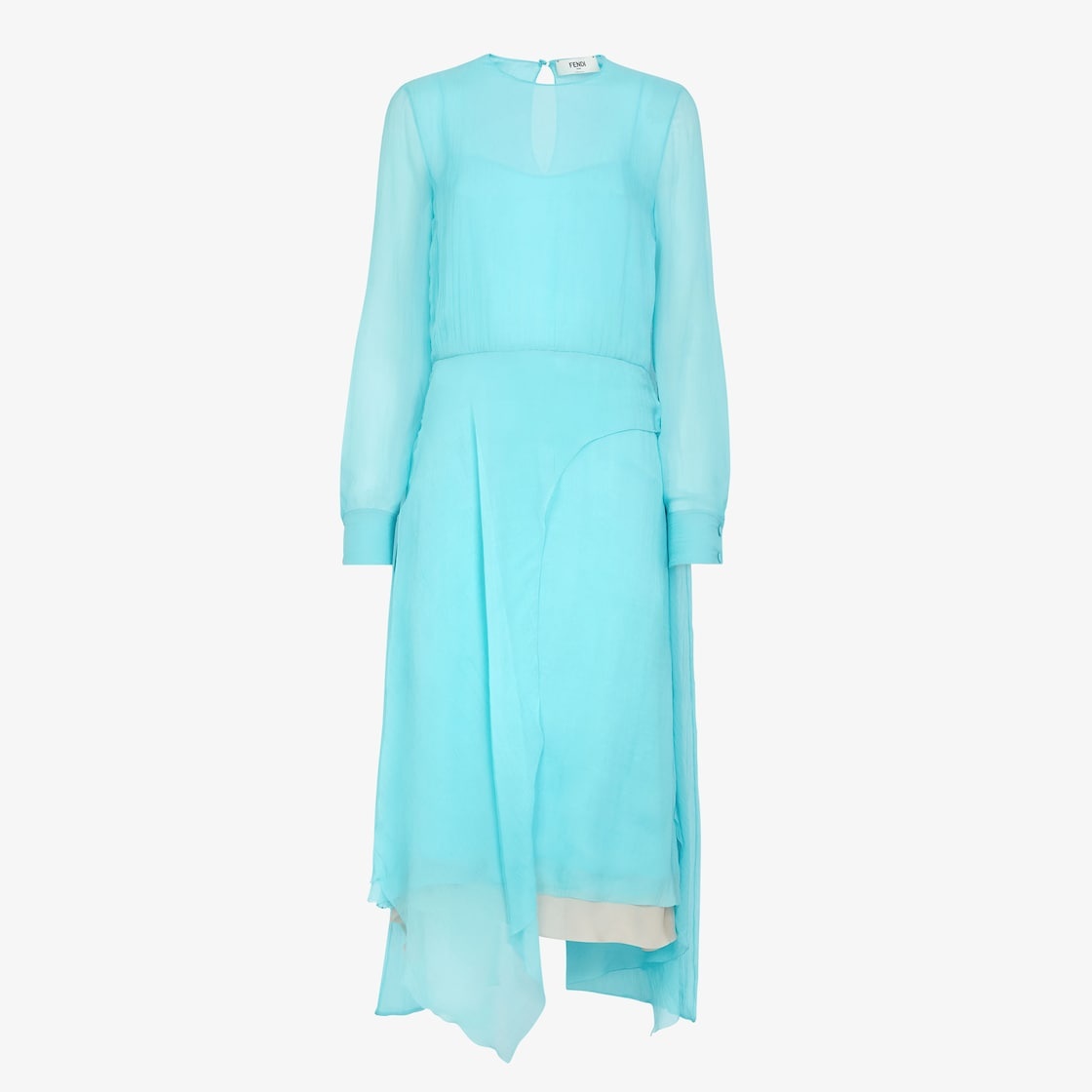 Midi dress with foulard collar and fitted waist. Round neckline and long sleeves with shirt cuffs. T - 1