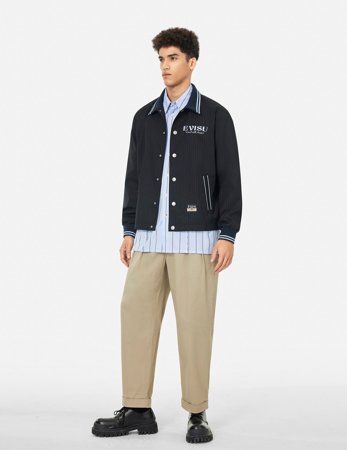Logo and Slogan Embroidery Regular Fit Striped Suit Ccoach Jacket - 3