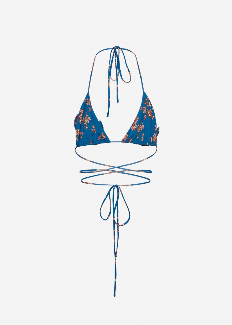 Floral strappy triangle bikini top in blue floral print 2