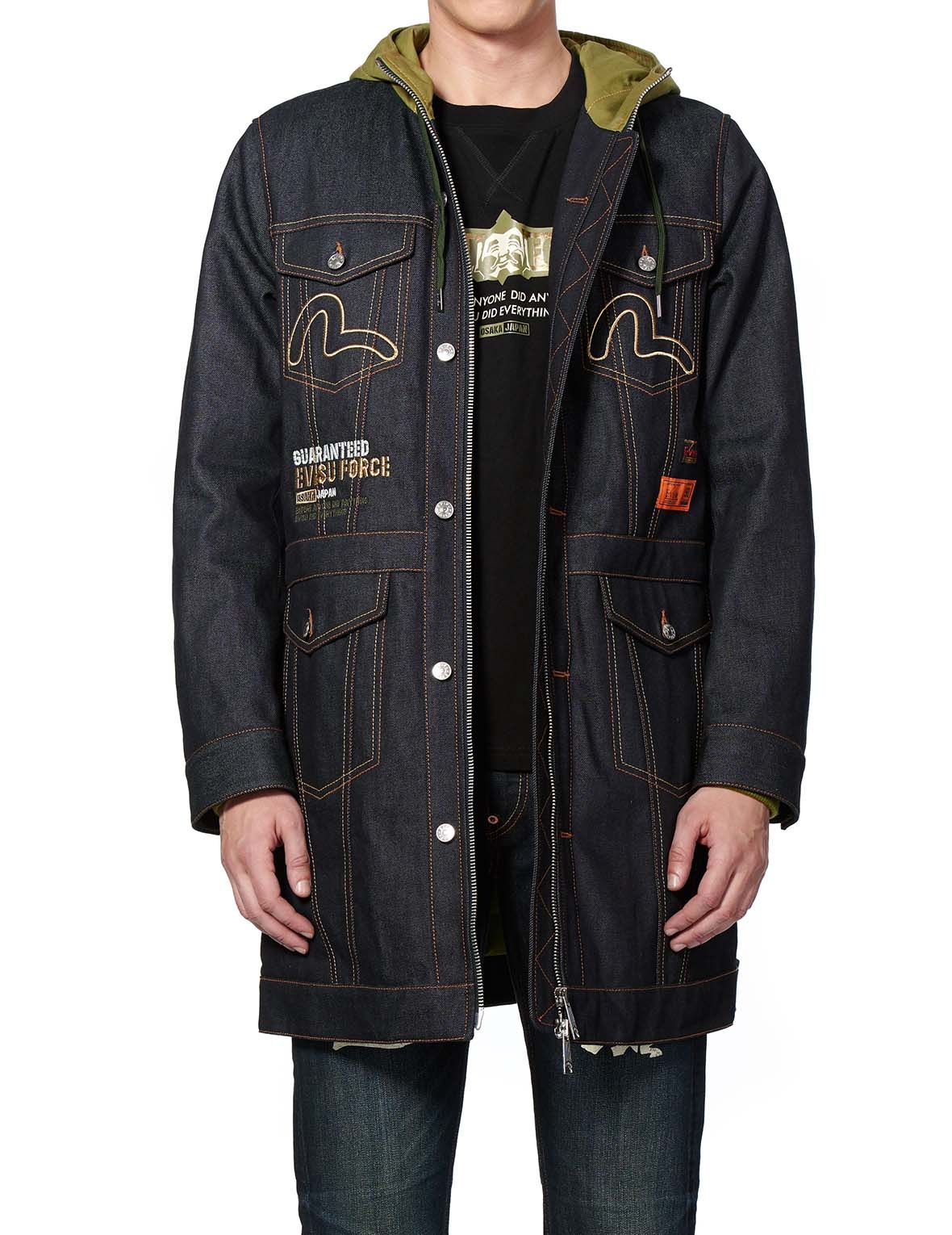 KAMON AND LOGO EMBROIDERED DENIM PADDED COAT - 3