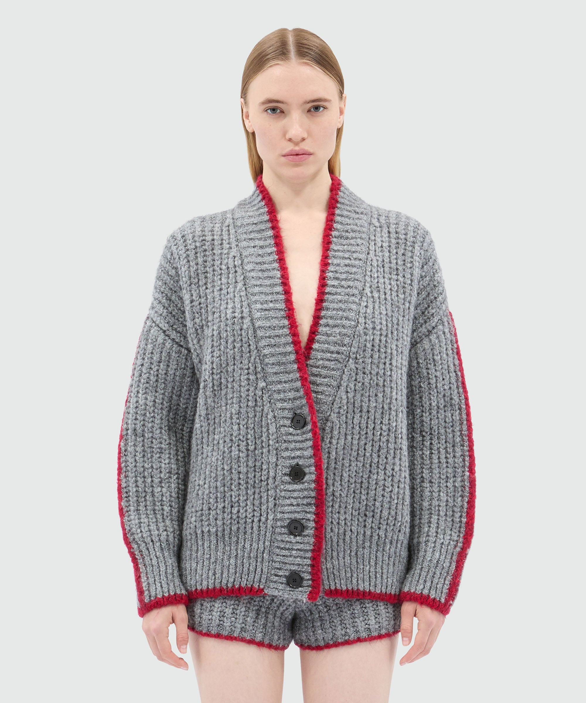 Grey cardigan in supersoft knit with contrasting trim - 2