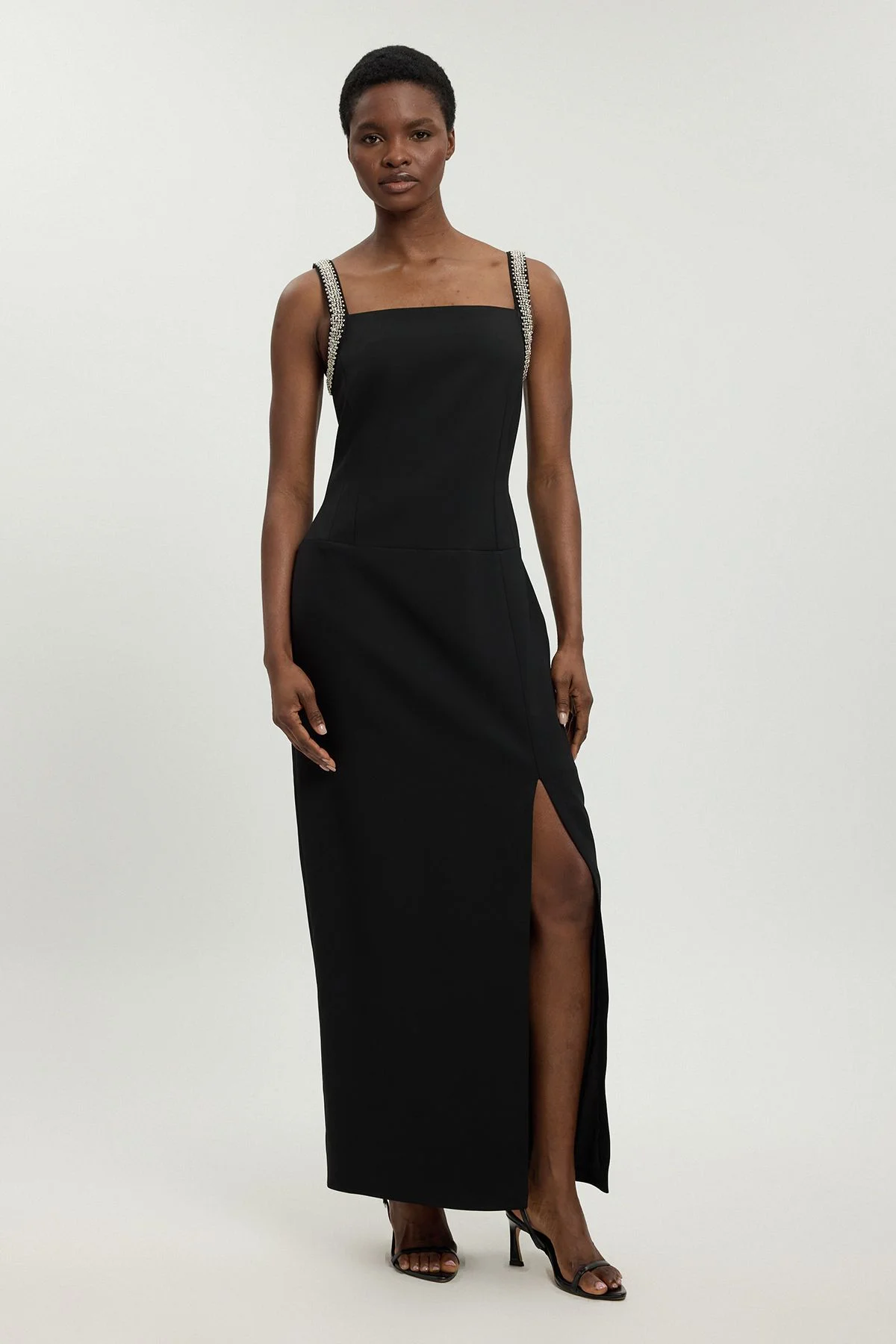 Compact Stretch Diamante Trim Detail Column Dress - 1
