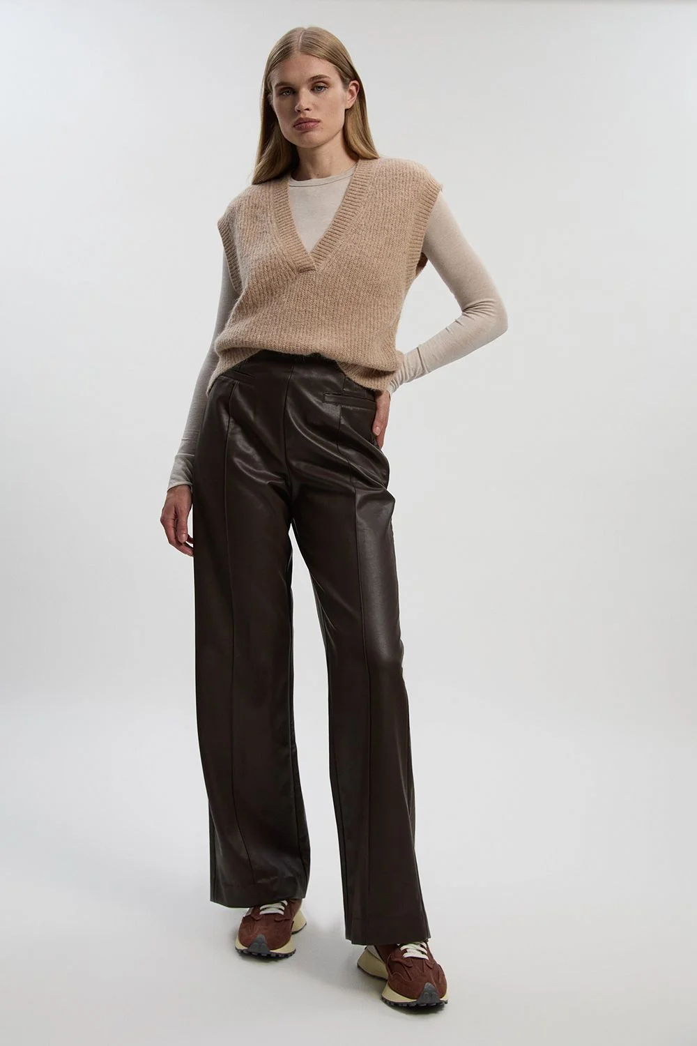 Faux Leather Seam Detail Wide Leg Tailored Trouser - 1