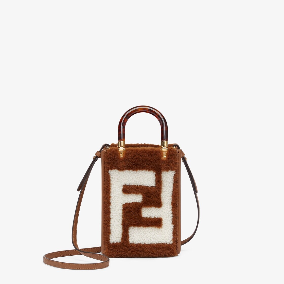 Mini Sunshine Shopper bag made of soft brown sheepskin with white FF inlay and stiff plexiglass tort - 1