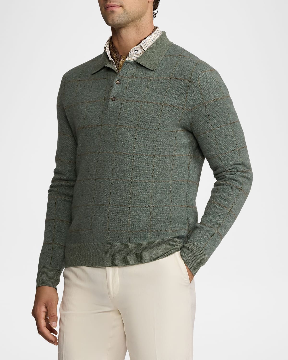 Men's Plaid Cashmere-Wool Polo-Collar Sweater - 5