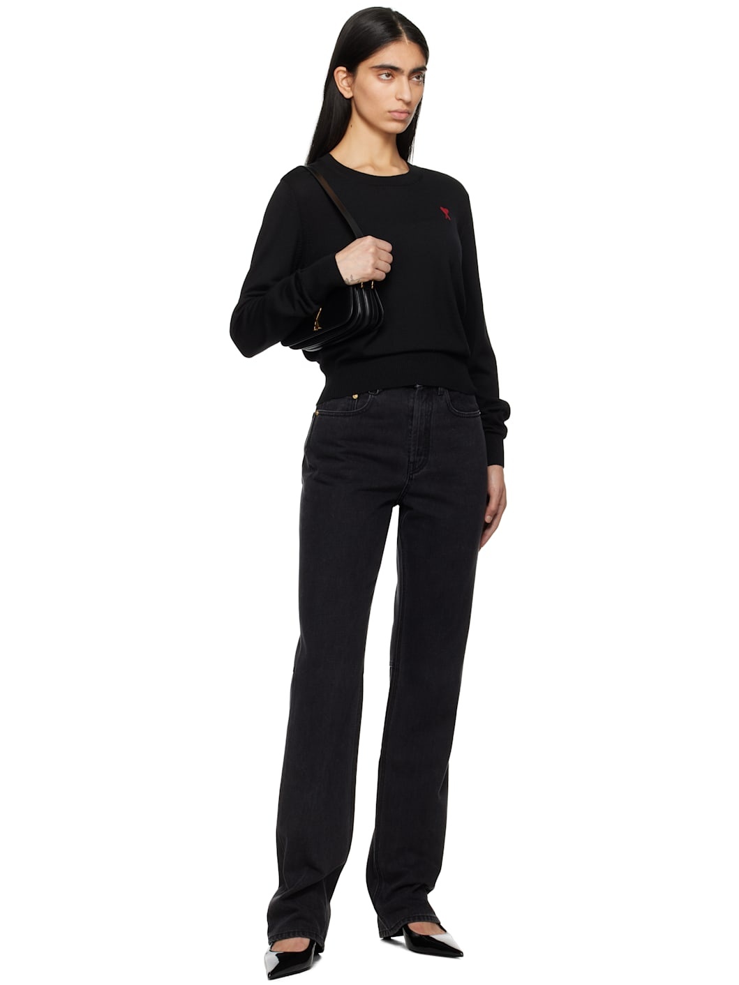 Black Wool Ami de Coeur Crew Neck Sweater - 4