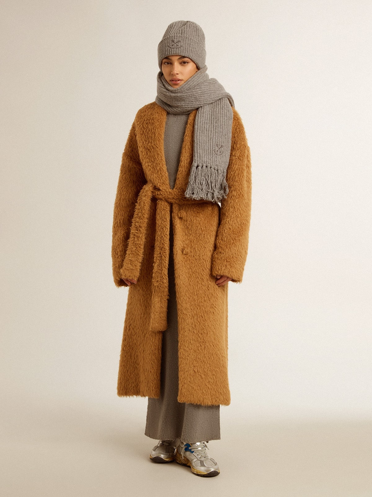 Women's coat with shawl collar in tobacco - 7