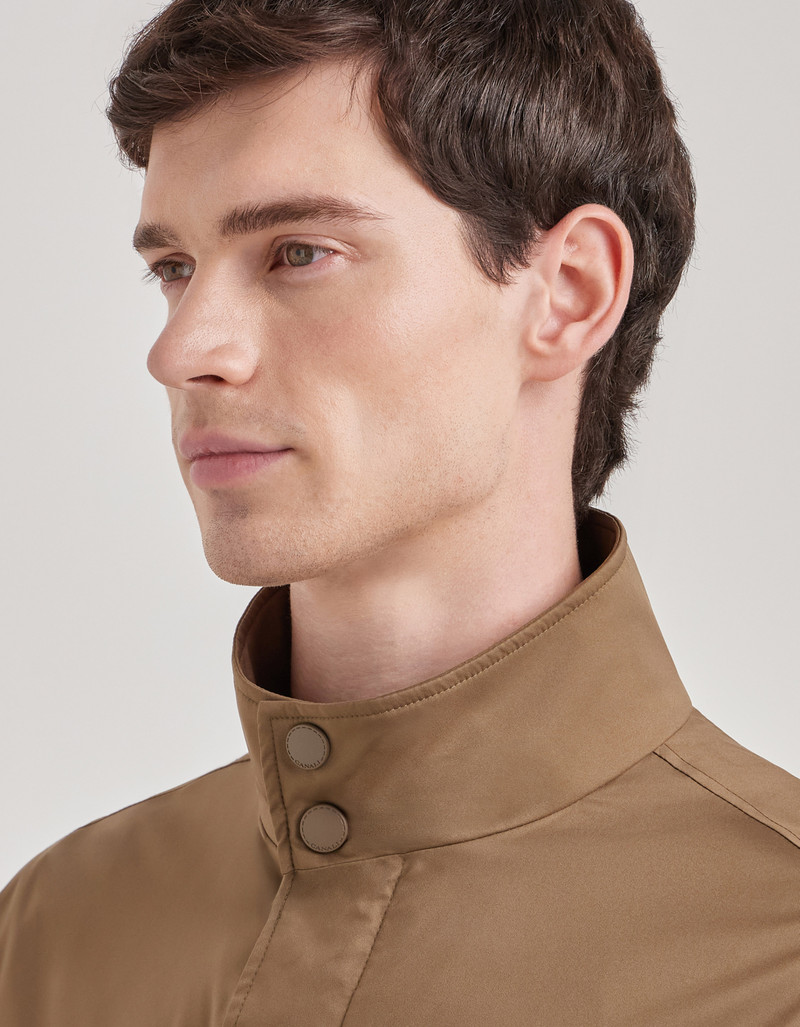 CARAMEL MIXED-MATERIAL ULTRALIGHT SUEDE BOMBER JACKET WITH KNIT INSERTS 94