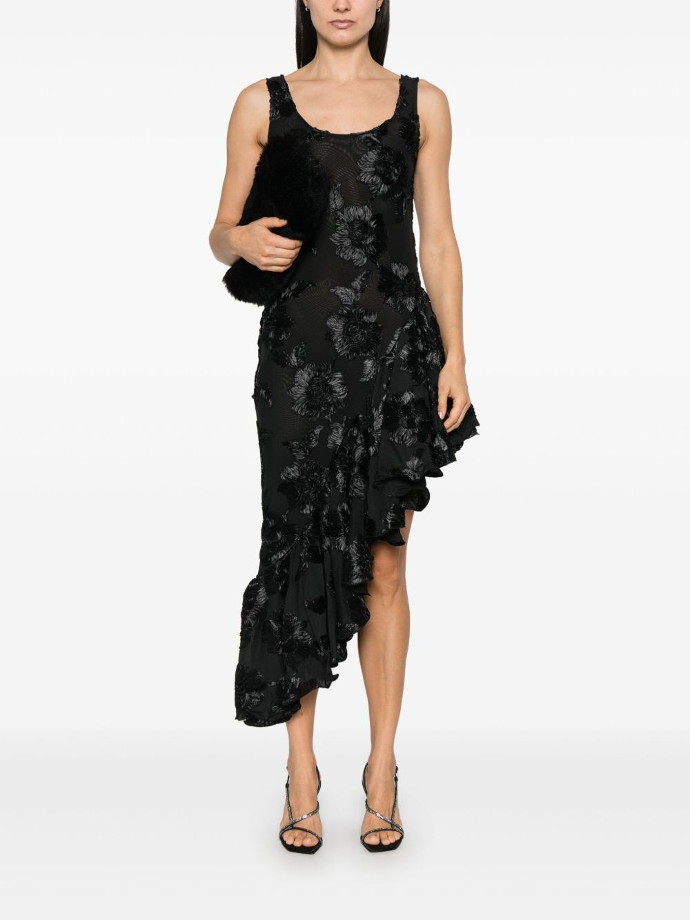 floral-embroidered ruffle-detail midi dress - 2