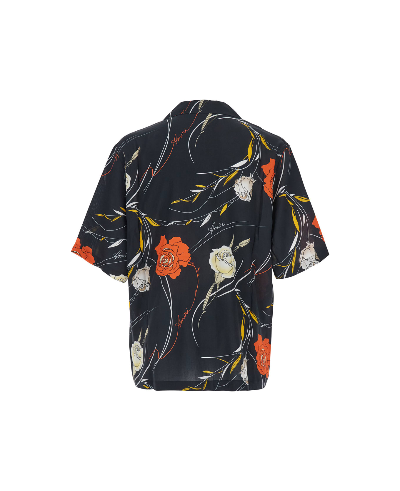 Black Bowling Shirt With Cuban Collar And All-over Floral Motif In Viscose Man - 2