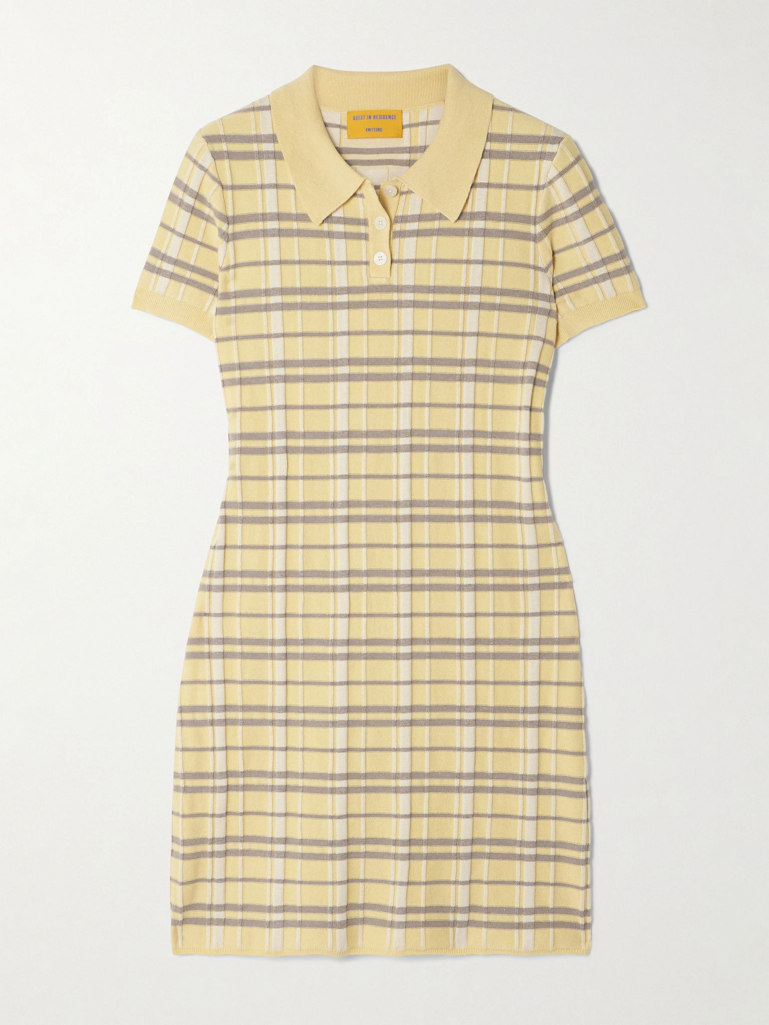 Checked ribbed silk-blend mini dress Yellow - 1