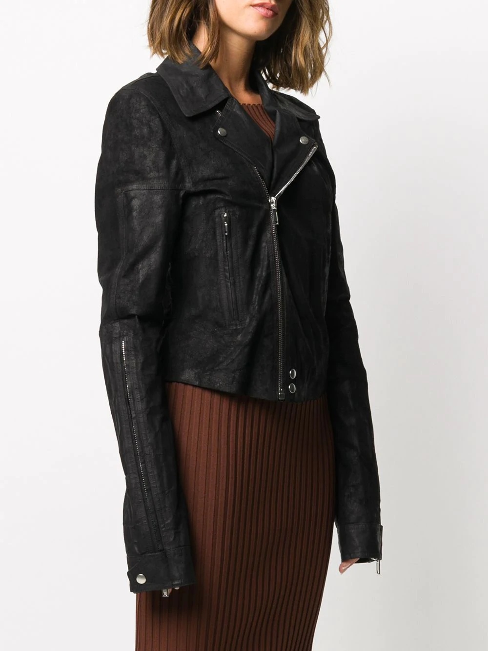 zipped leather biker jacket - 3