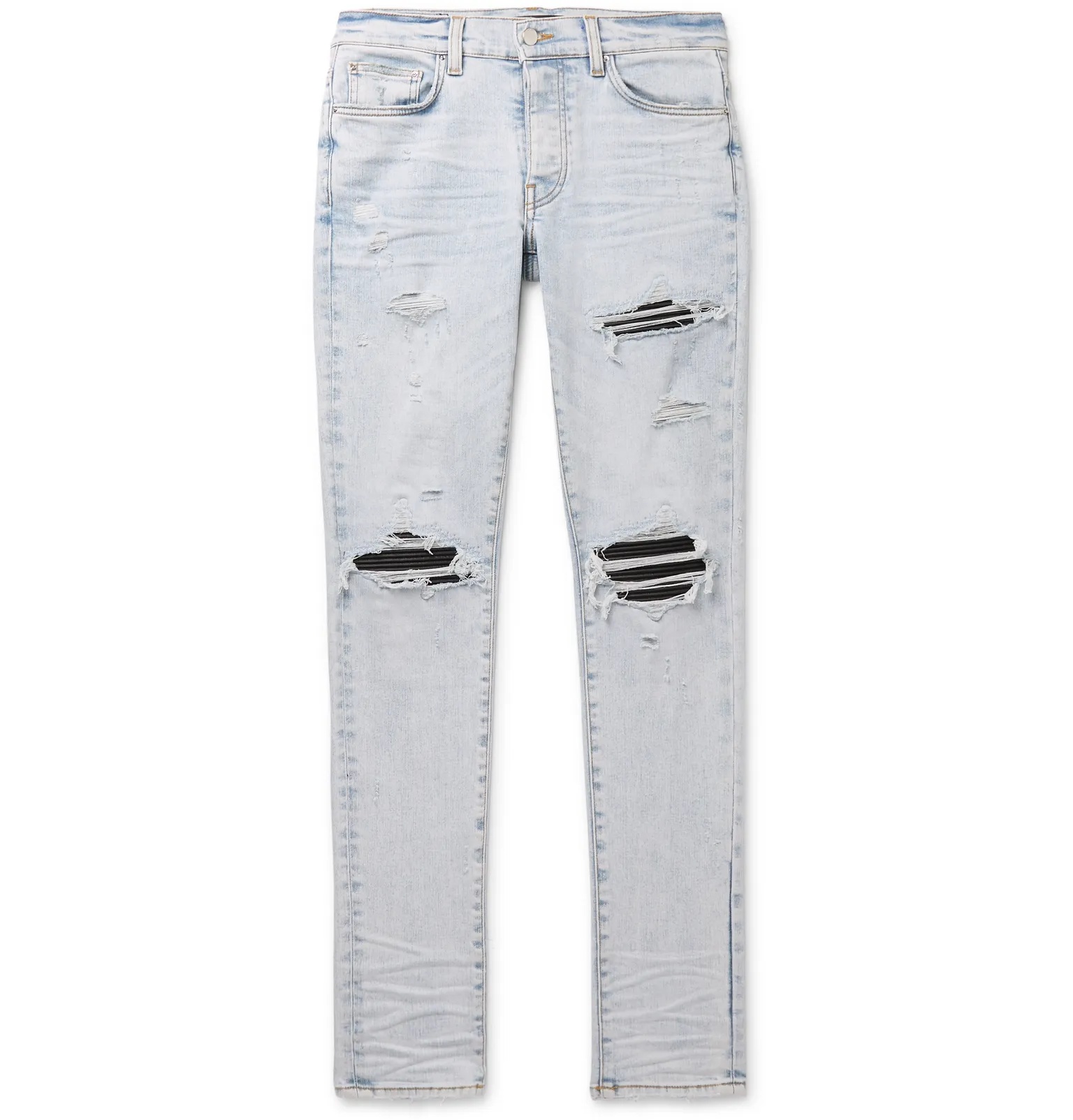 MX1 Skinny-Fit Leather-Panelled Distressed Stretch-Denim Jeans - 1