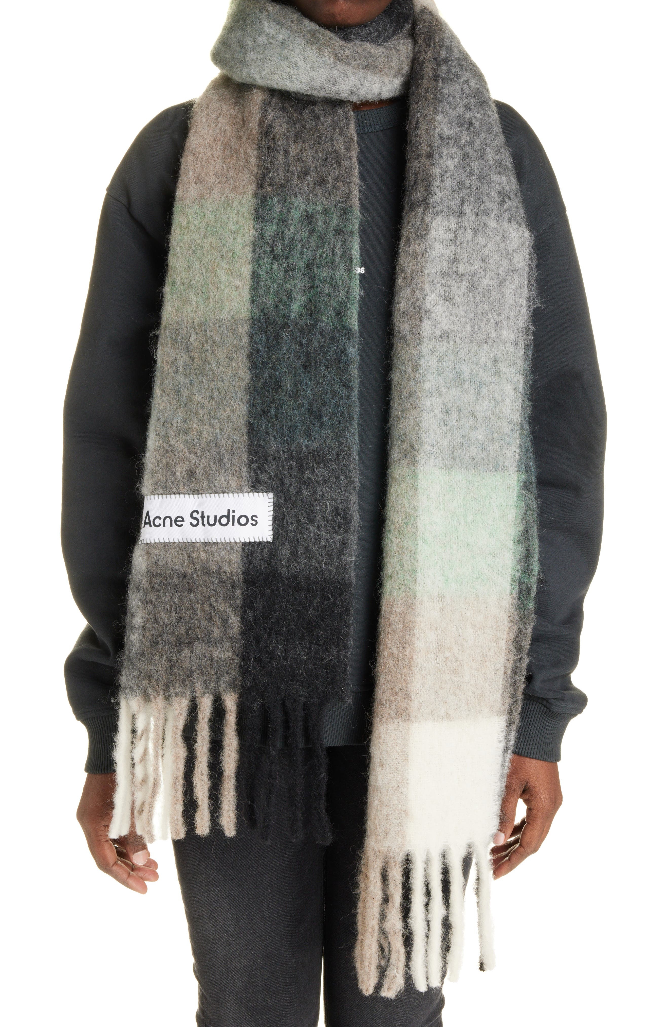 Acne Studios Vally Plaid Alpaca, Wool & Mohair Blend Scarf in Green/Grey/Black at Nordstrom - 6