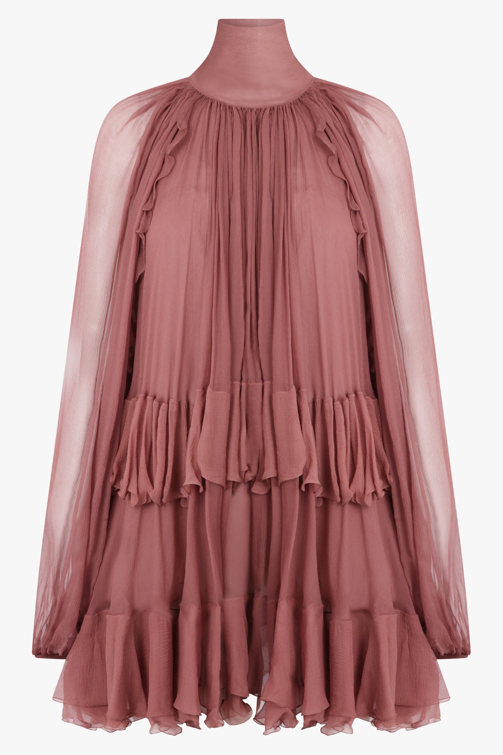 Chloé HIGH NECK L/S RUFFLE DETAIL MINI DRESS | WOODROSE PINK