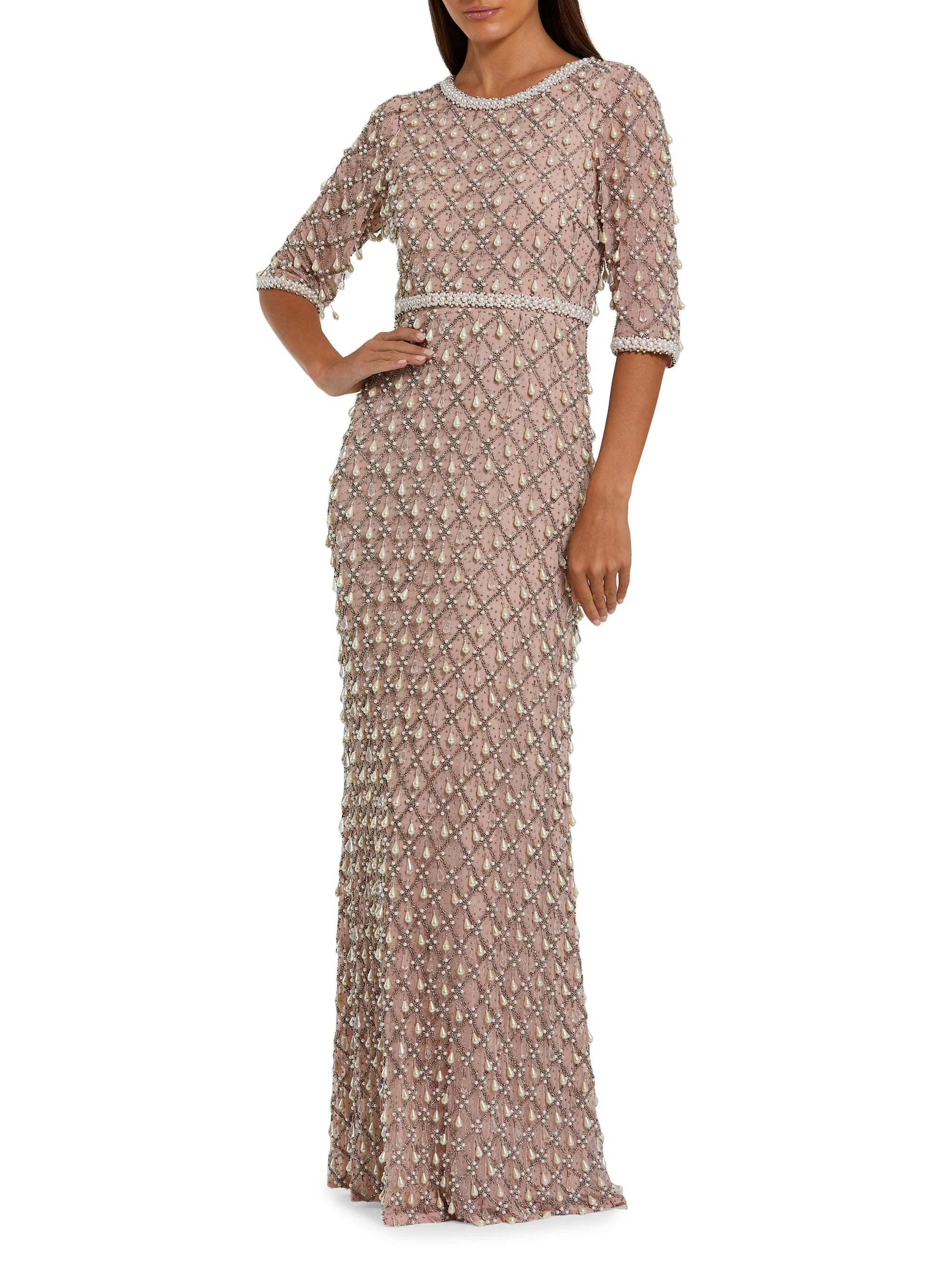 Women's Evening Pearl Embellished Mesh Gown - Light Rose - 1