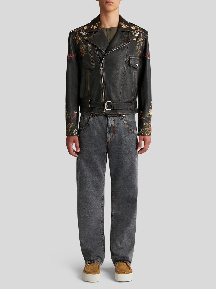 LEATHER BIKER JACKET WITH EMBROIDERY - 4